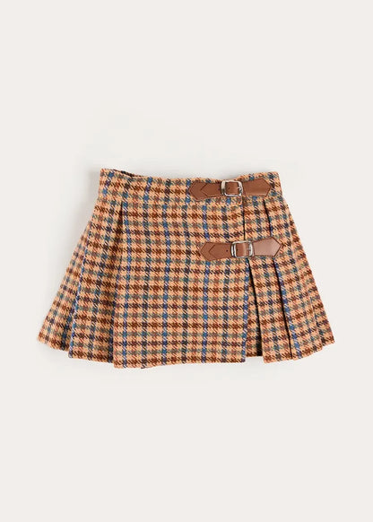 Vincent Check Buckle Detail Pleated Skirt in Brown (2-12Y) SKIRTS from Pepa London