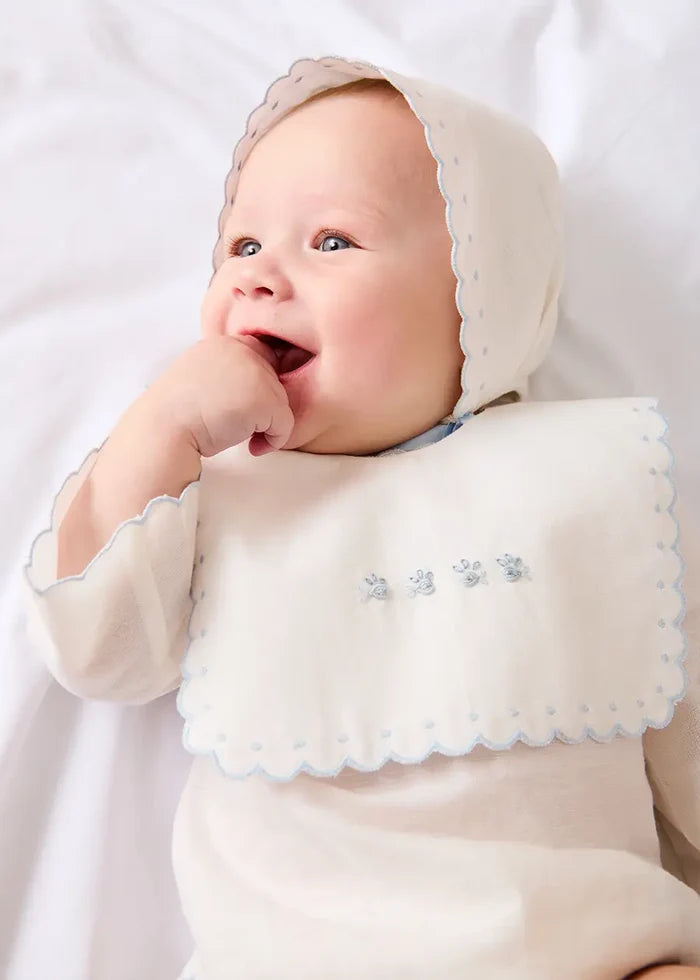 Whale Hand Embroidered Scallop Edge Square Bib in Blue ACCESSORIES from Pepa London