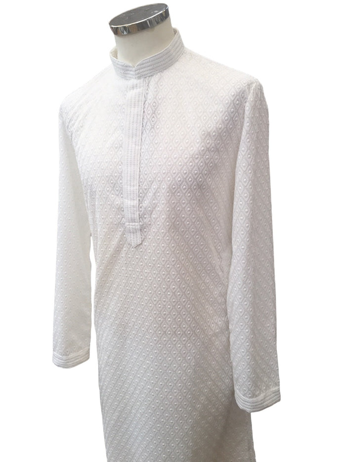 White - Lucknowi Cotton Men's Rich Kurta Set with Straight Pants -  Indica KH 0324