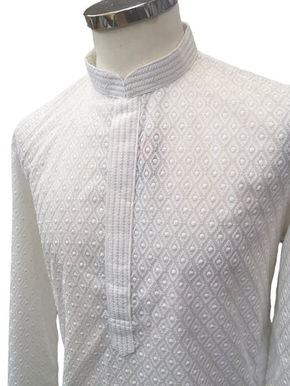 White - Lucknowi Cotton Men's Rich Kurta Set with Straight Pants -  Indica KH 0324