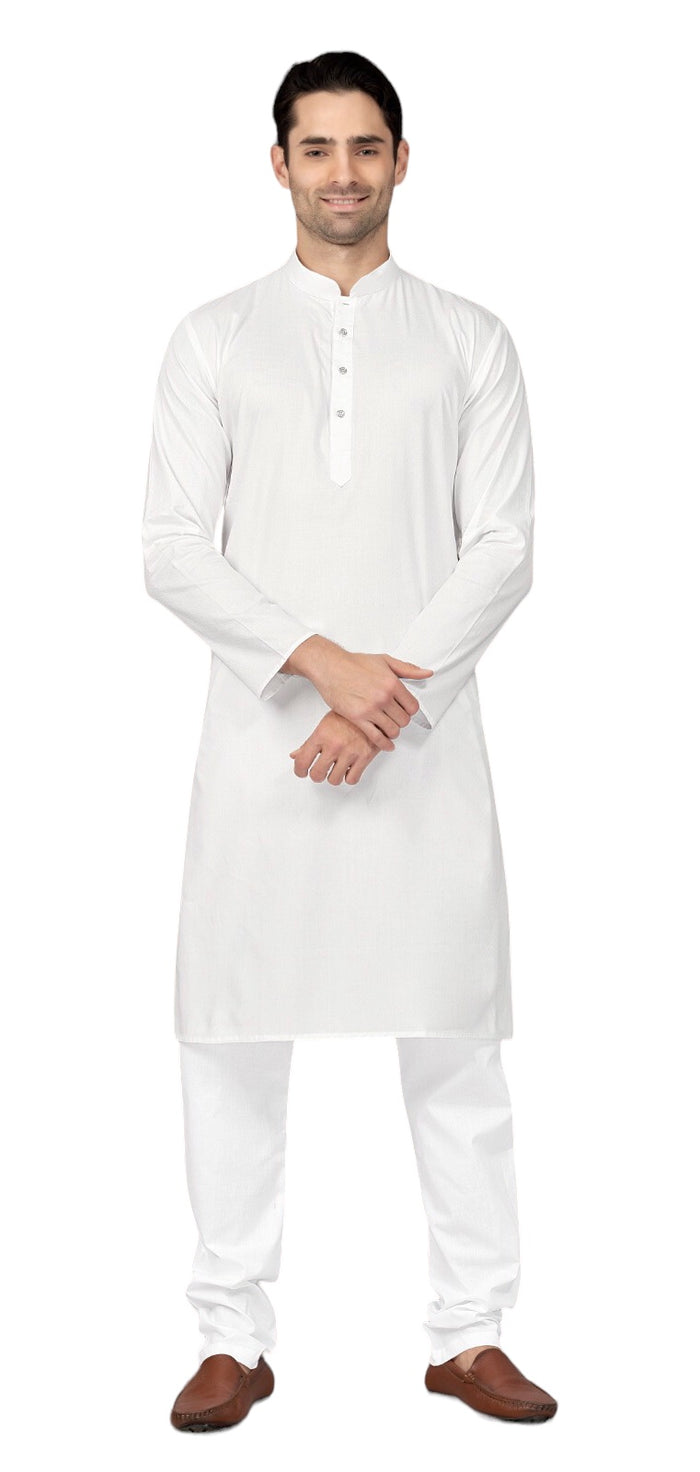 White - Pure Cotton Mens Indian Kurta set - Funeral, Temple, Eid, Mehndi, Haldi (with Draw stringed trousers) - Cello KV