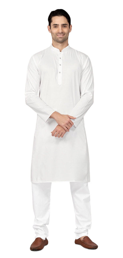 White - Pure Cotton Mens Indian Kurta set - Funeral, Temple, Eid, Mehndi, Haldi (with Draw stringed trousers) - Cello KV