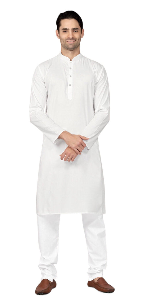 White - Pure Cotton Mens Indian Kurta set - Funeral, Temple, Eid, Mehndi, Haldi (with Draw stringed trousers) - Cello KV