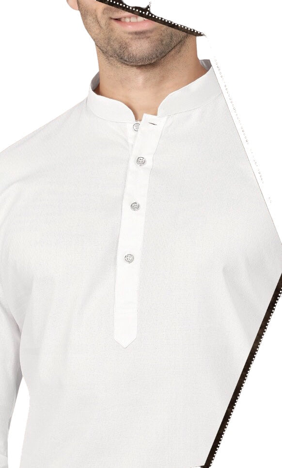 White - Pure Cotton Mens Indian Kurta set - Funeral, Temple, Eid, Mehndi, Haldi (with Draw stringed trousers) - Cello KV