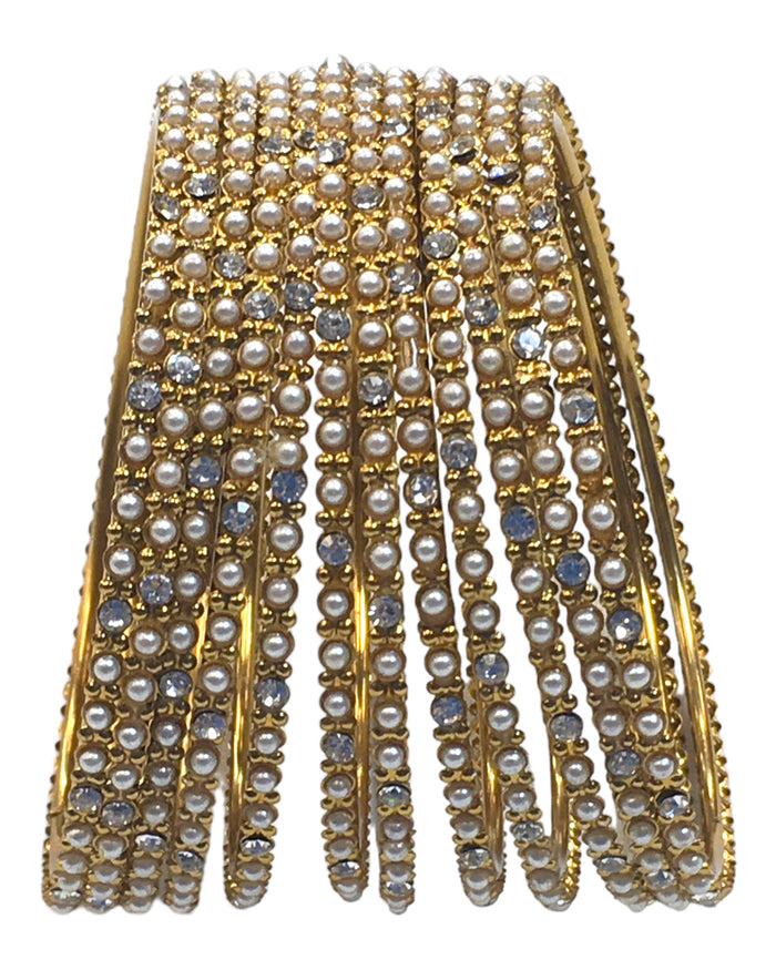 White Stones - Set of 12 Stone / Pearl Bangles - Antique Gold Finish (Pair) - JAN739 Vp 0923