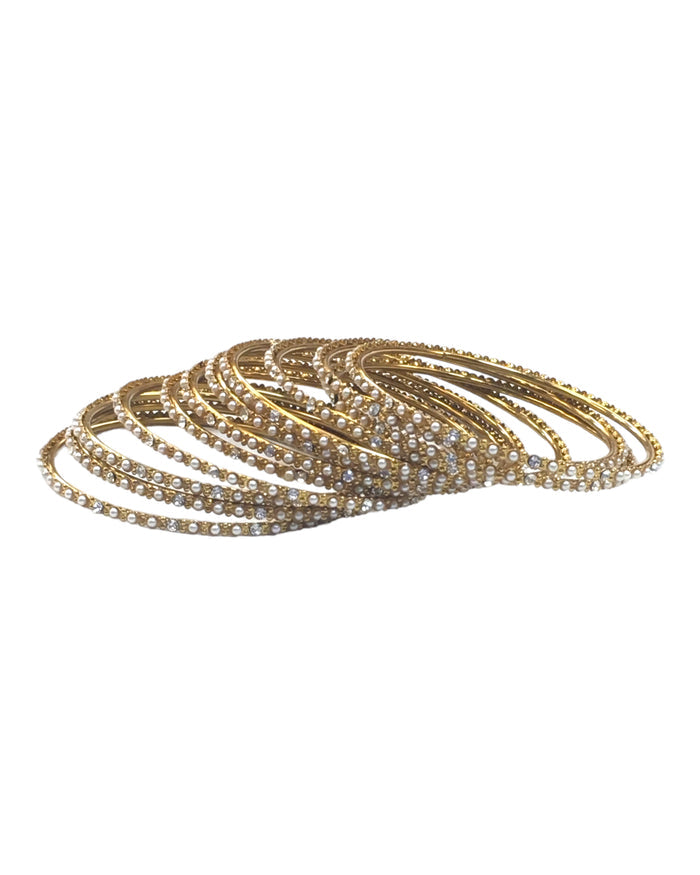 White Stones - Set of 12 Stone / Pearl Bangles - Antique Gold Finish (Pair) - JAN739 Vp 0923