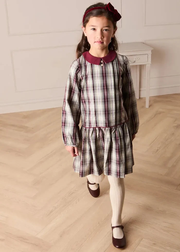 Whittaker Check Long Sleeve Pleated Dress in Burgundy (18mths-12yrs) DRESSES from Pepa London