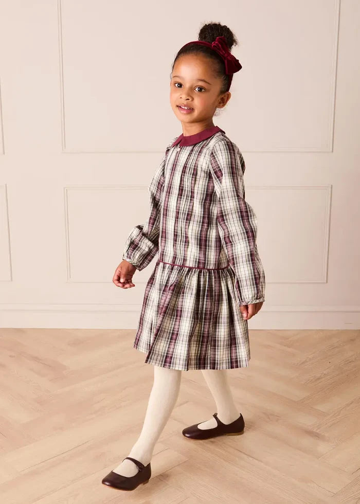 Whittaker Check Long Sleeve Pleated Dress in Burgundy (18mths-12yrs) DRESSES from Pepa London