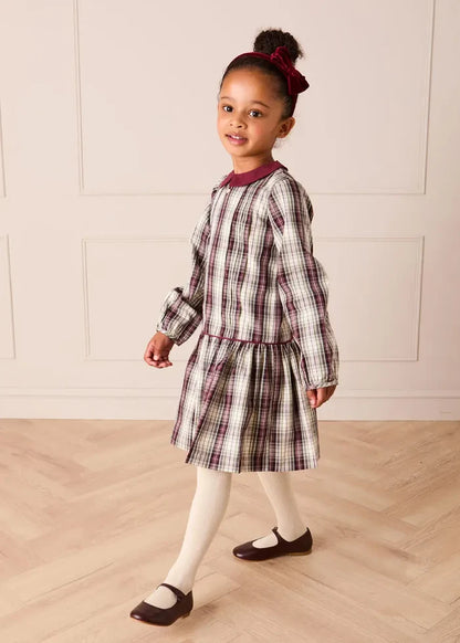 Whittaker Check Long Sleeve Pleated Dress in Burgundy (18mths-12yrs) DRESSES from Pepa London
