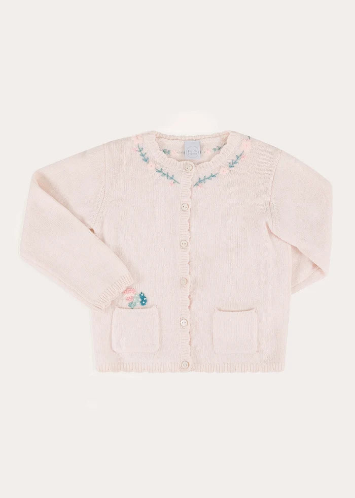 Wildflower Embroidered Knitted Cardigan in Pale Pink (3mths-4yrs) Knitwear from Pepa London