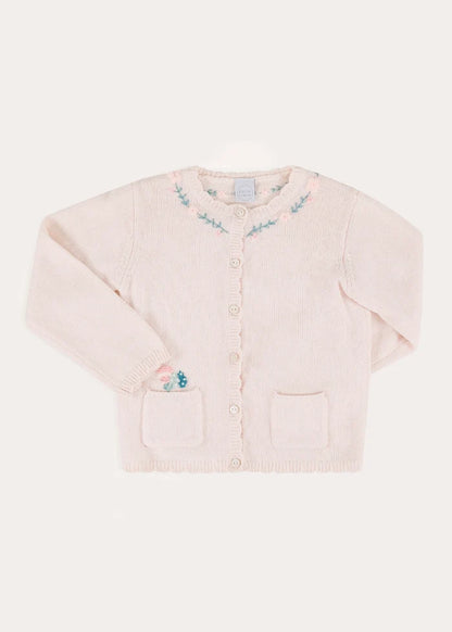 Wildflower Embroidered Knitted Cardigan in Pale Pink (3mths-4yrs) Knitwear from Pepa London
