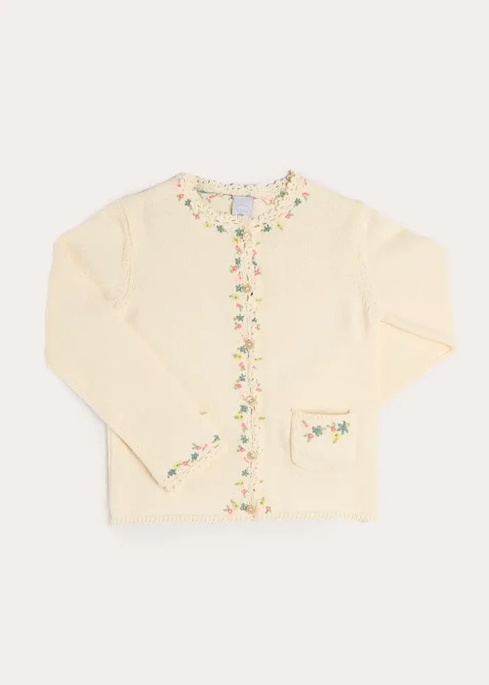 Wildflower Embroidered Openwork Detail Cotton Cardigan in Cream (18mths- 10yrs) KNITWEAR from Pepa London