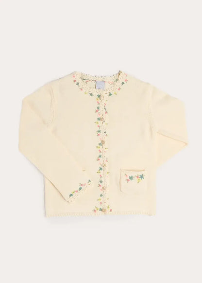 Wildflower Embroidered Openwork Detail Cotton Cardigan in Cream (18mths- 10yrs) KNITWEAR from Pepa London