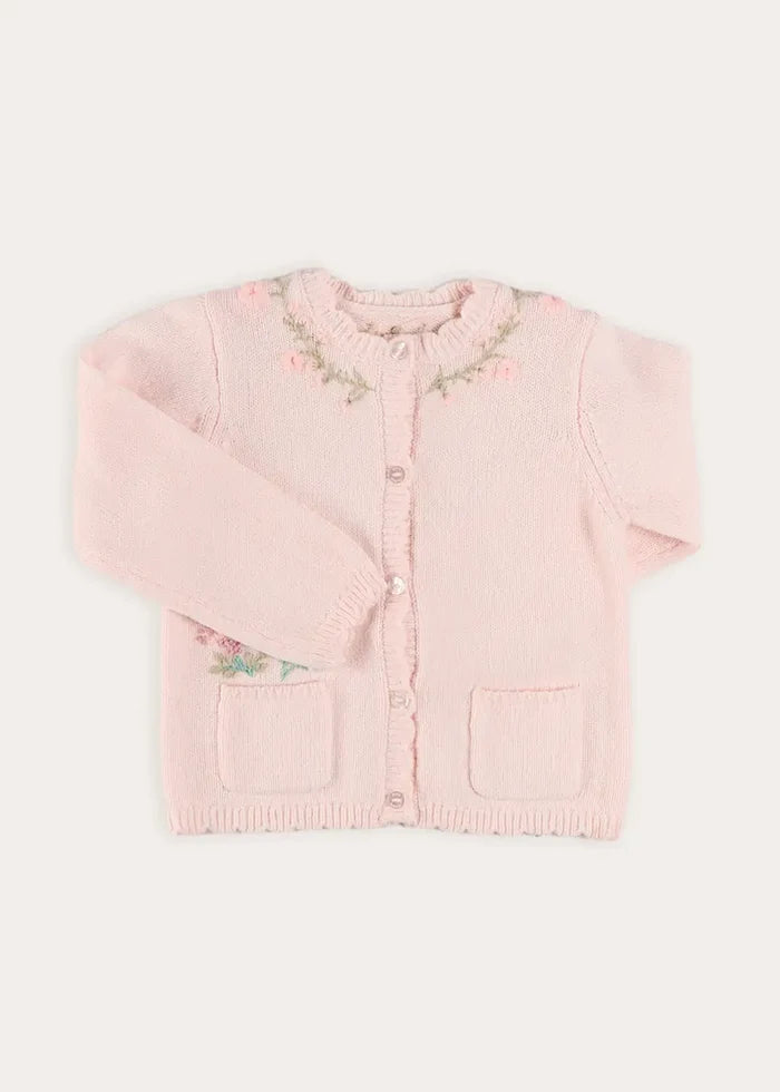 Wildflower Embroidered Pocket Detail Cashmere Blend Cardigan in Pink (1mth-3yrs) KNITWEAR from Pepa London