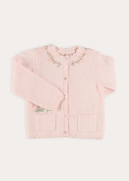 Wildflower Embroidered Pocket Detail Cashmere Blend Cardigan in Pink (1mth-3yrs) KNITWEAR from Pepa London