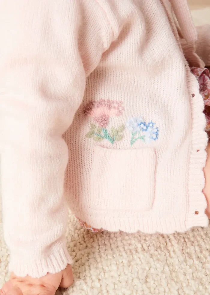 Wildflower Embroidered Pocket Detail Cashmere Blend Cardigan in Pink (1mth-3yrs) KNITWEAR from Pepa London