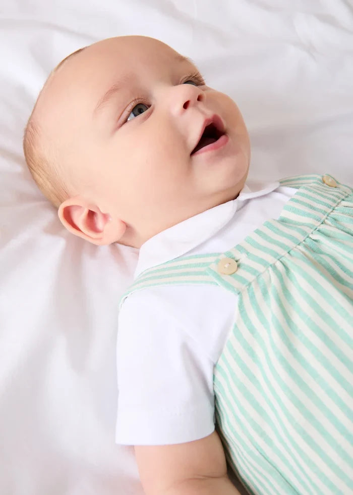 Wimbledon Stripe Button Detail Romper in Green (3mths-2yrs) ROMPERS from Pepa London