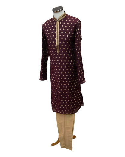 Wine - Handloom Banarasi Mens Kurta Set - UK Stock - 24h Dispatch - JeeHazur VJ 0223