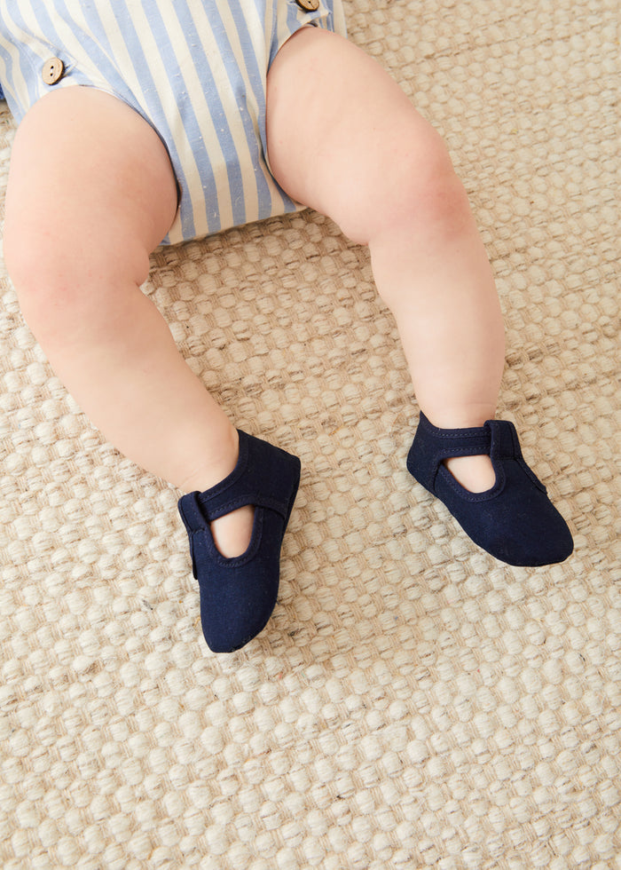 Woven T-Bar Pram Shoes in Navy (17-20EU) SHOES from Pepa London